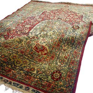 Rare 1950 4x3 Turkish Qaisar Semi Antique Handmade Cream Red Area Rug 100% Silk